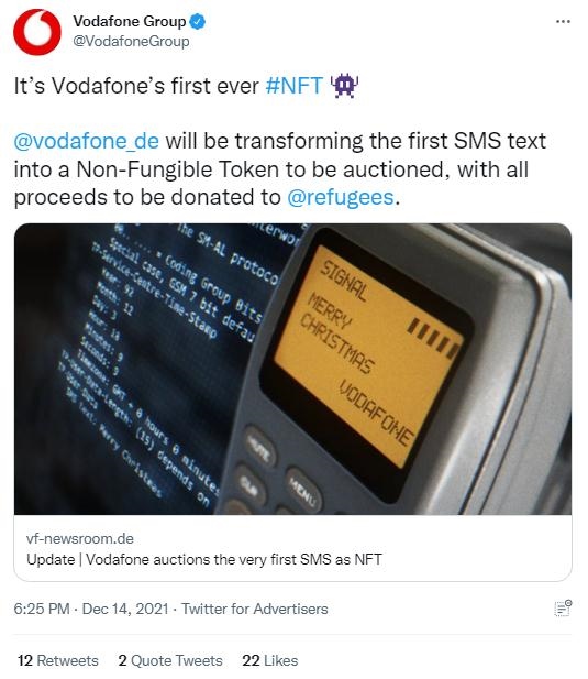 英國沃達豐公司也表示，計劃將拍賣所得全部捐贈給聯(lián)合國難民署，以支持那些被迫逃離家園的人。(圖片來源：英國沃達豐公司社交媒體截圖)