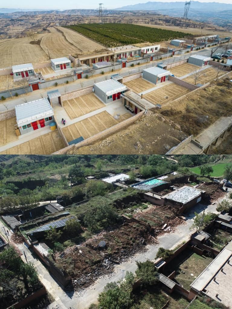 拼版照片，上圖是2022年1月山西省霍州市師莊鄉(xiāng)馮南垣村災(zāi)后恢復(fù)重建后的場景，下圖是2021年10月村莊因?yàn)?zāi)受損的場景。(霍州市委宣傳部供圖)