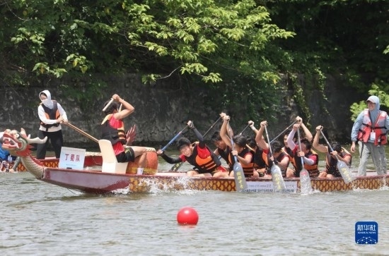 6月23日，在江蘇省宜興市舉行的龍舟競渡賽中，參賽選手們奮力拼搏。
