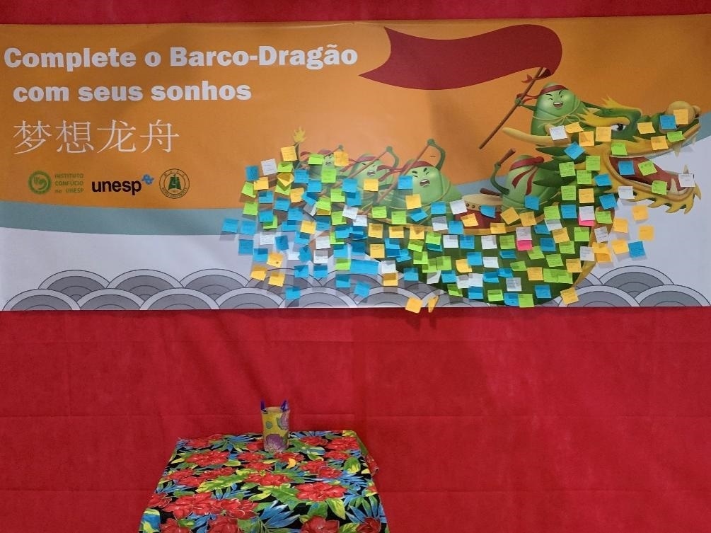 活動(dòng)現(xiàn)場(chǎng)設(shè)置了“夢(mèng)想龍舟”環(huán)節(jié)，大家將自己寫(xiě)下的心愿貼在“龍舟”上，期盼“龍舟”承載自己的夢(mèng)想駛向更美好的未來(lái)。（圣保羅州立大學(xué)孔子學(xué)院供圖）