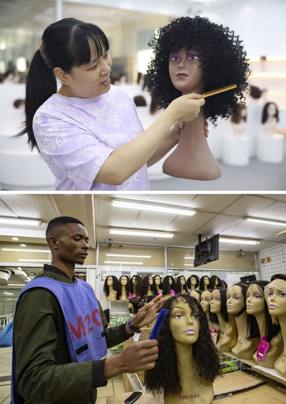 拼版照片：上圖為2023年5月25日，工人在湖南邵陽陽光發(fā)品有限公司展廳展示假發(fā)（新華社記者薛宇舸攝）；下圖為2023年6月9日，一名店員在湖南邵陽陽光發(fā)品有限公司位于南非約翰內(nèi)斯堡的店鋪內(nèi)展示假發(fā)（新華社記者張譽東攝）。新華社發(fā)