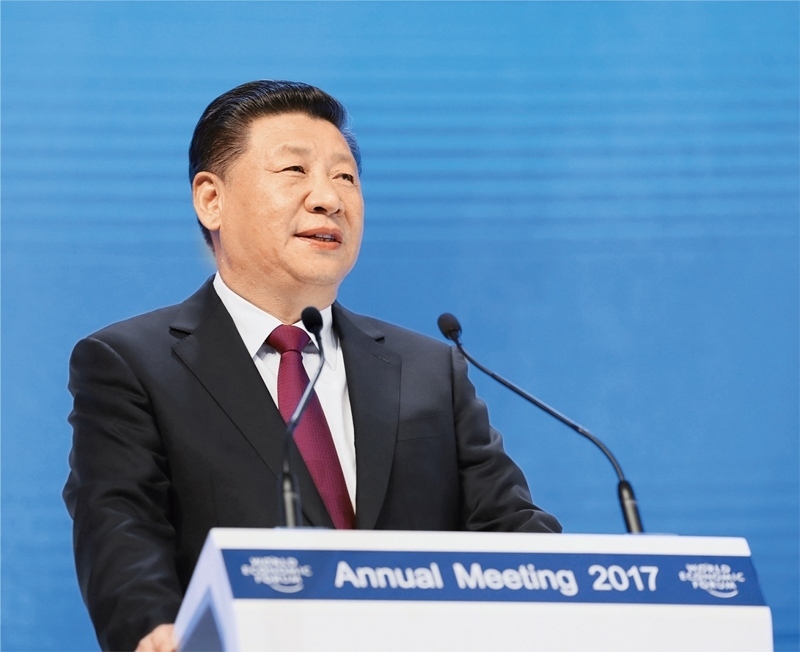 2017年1月17日，習(xí)近平主席在瑞士達(dá)沃斯國(guó)際會(huì)議中心出席世界經(jīng)濟(jì)論壇2017年年會(huì)開(kāi)幕式，并發(fā)表題為《共擔(dān)時(shí)代責(zé)任 共促全球發(fā)展》的主旨演講。