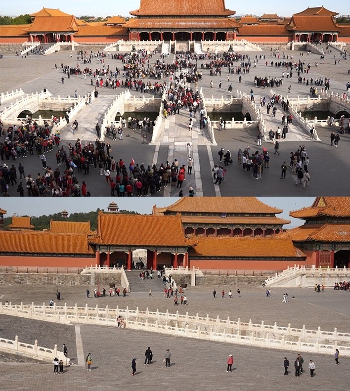上午9時和下午13時的太和門廣場客流對比。故宮博物院供圖