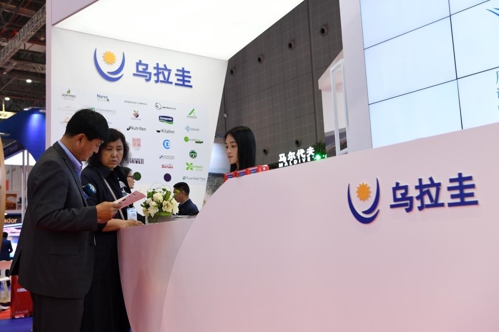 2019年11月6日，參觀者在第二屆進博會烏拉圭國家館展臺咨詢。