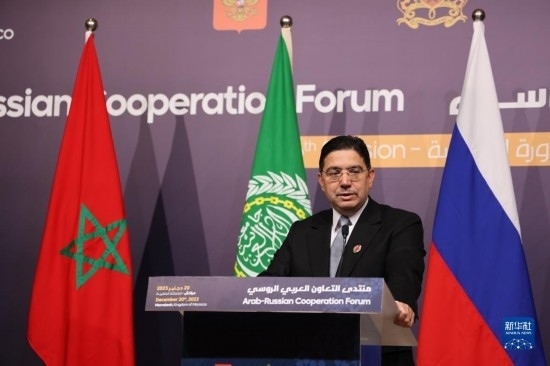 12月20日，在摩洛哥南部城市馬拉喀什舉行的第六屆阿拉伯-俄羅斯合作論壇主議程結束后，摩洛哥外交大臣布里達在記者會上講話。新華社記者霍晶攝