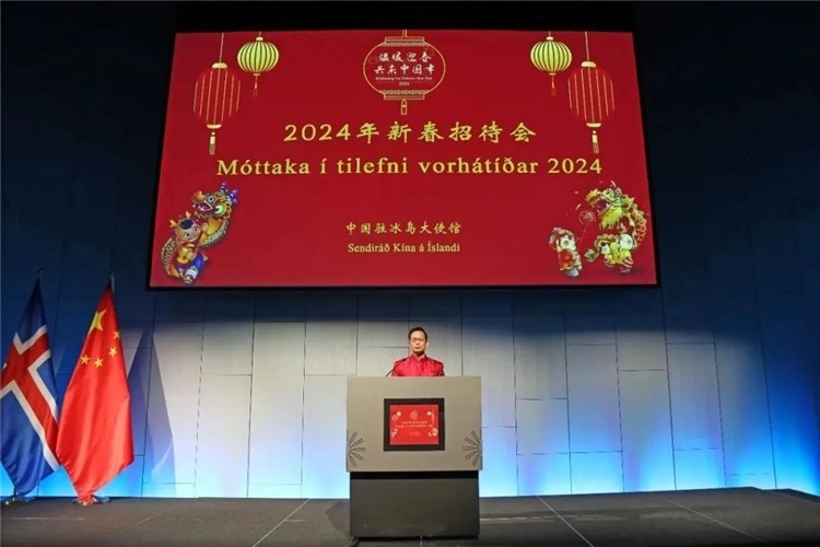 中國駐冰島大使何儒龍致辭。中國駐冰島大使館供圖