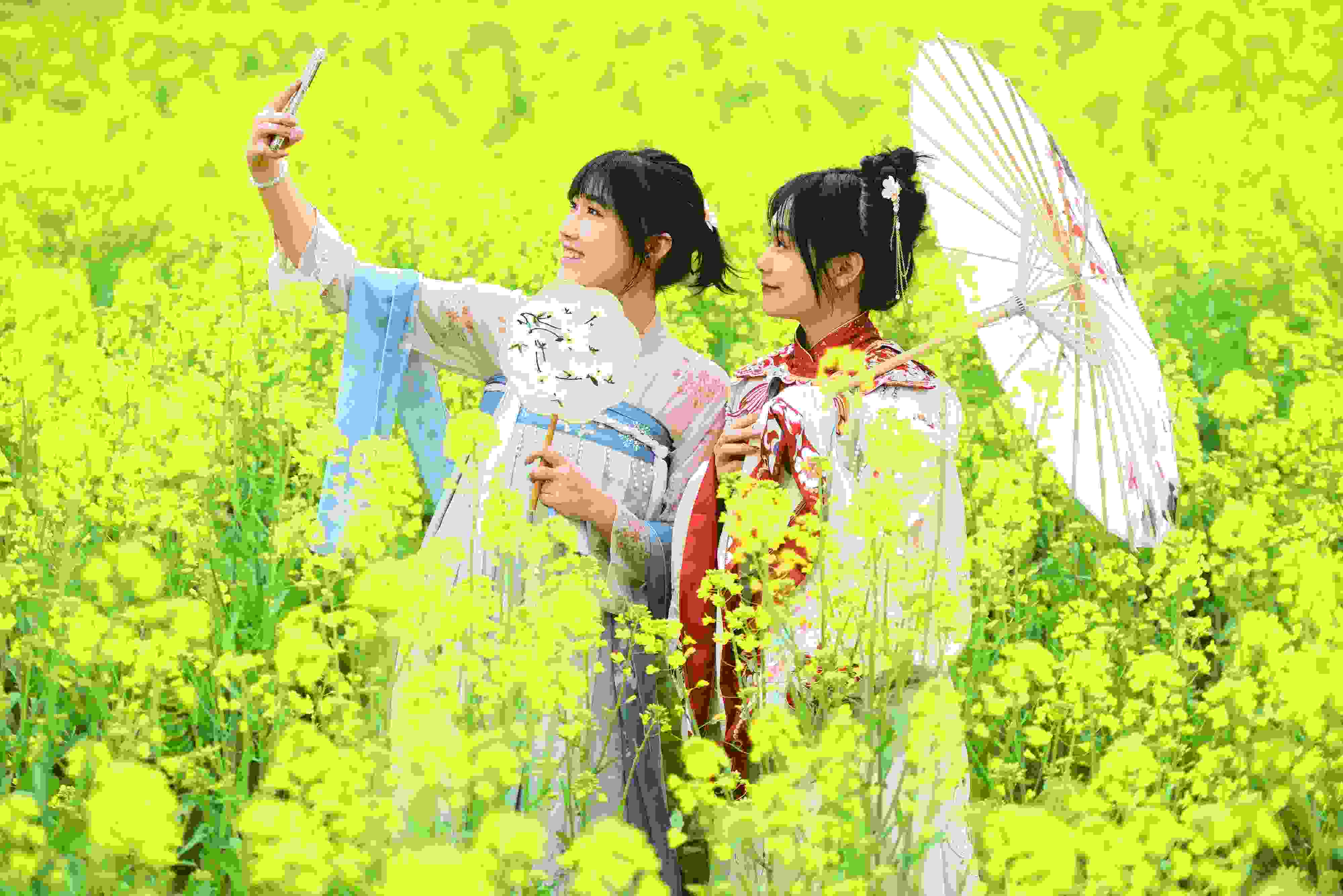 △ 2024年2月16日，廣西賀州，在富川瑤族自治縣麥嶺鎮(zhèn)三民村，游客在油菜花田間賞花拍照。