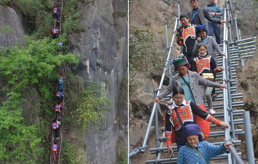 “懸崖村”今昔對(duì)比：左圖為2016年5月14日，“懸崖村”的孩子們攀爬木梯回家。右圖為2020年5月13日，“懸崖村”村民帶著行李通過(guò)鋼梯下山，搬遷至易地扶貧集中安置點(diǎn)的新家。