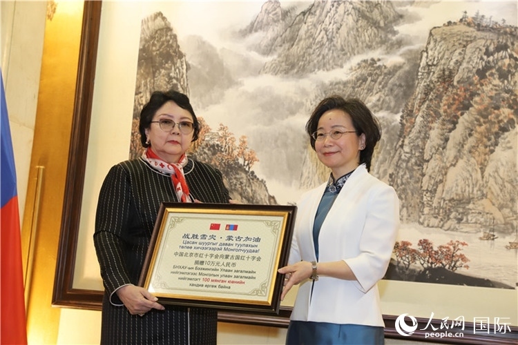 沈大使向?qū)殑跔柆敚ㄗ螅┟貢L轉(zhuǎn)交捐款。人民網(wǎng)記者 霍文攝