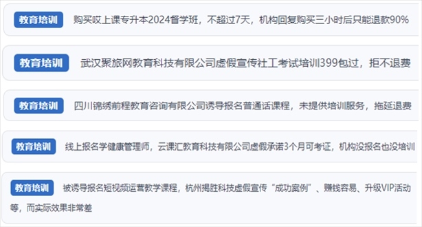 “人民投訴”用戶舉報(bào)機(jī)構(gòu)虛假宣傳包過包拿證、虛假承諾收益效果、課程服務(wù)貨不對板、退款難等在線教培亂象。（“人民投訴”平臺截圖）