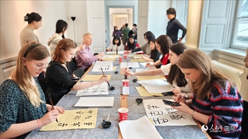 瑞典書法愛好者專心學(xué)習(xí)書法。人民網(wǎng)記者 殷淼攝