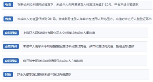 網(wǎng)友涉及“熊孩子”氪金相關投訴問題。（“人民投訴”用戶投訴截圖）