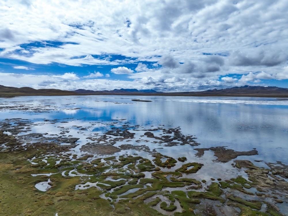 這是2024年5月26日在長(zhǎng)江源頭地區(qū)拍攝的班德湖一角（無(wú)人機(jī)照片）。新華社記者 張龍 攝