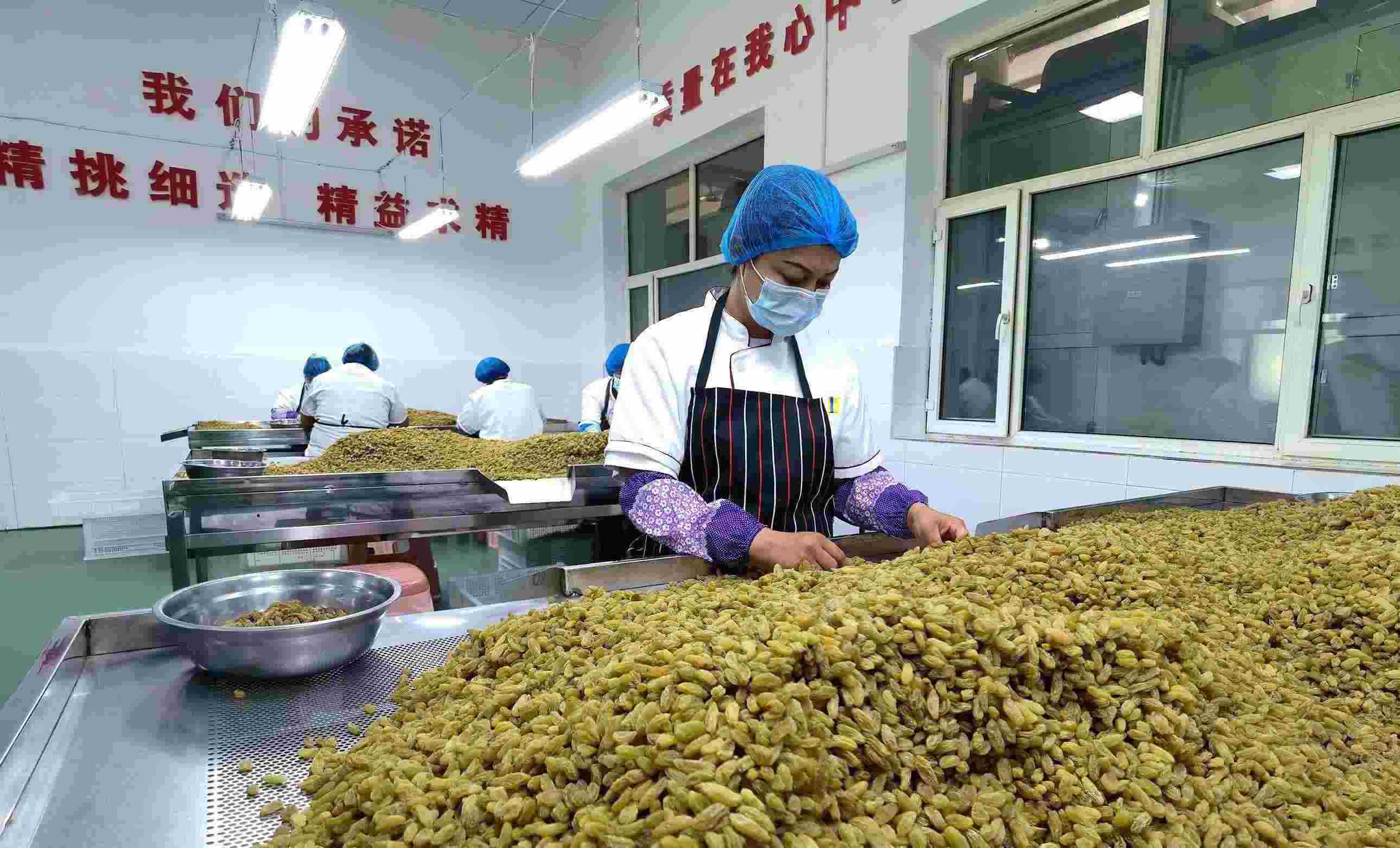 新疆吐魯番市高昌區(qū)亞爾鎮(zhèn)新城西門村，村民們在分揀葡萄干。