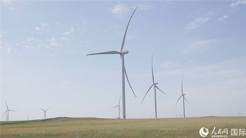 阿克莫拉州風(fēng)電項目群風(fēng)機(jī)。 人民網(wǎng)記者 葛泰佚攝