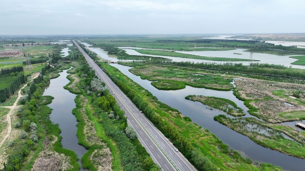 這是2024年6月13日拍攝的黃河寧夏段濱河大道（無人機照片）。近年來，寧夏努力建設黃河流域生態(tài)保護和高質量發(fā)展先行區(qū)，全力打好黃河保護持久戰(zhàn)。新華社記者 王鵬 攝