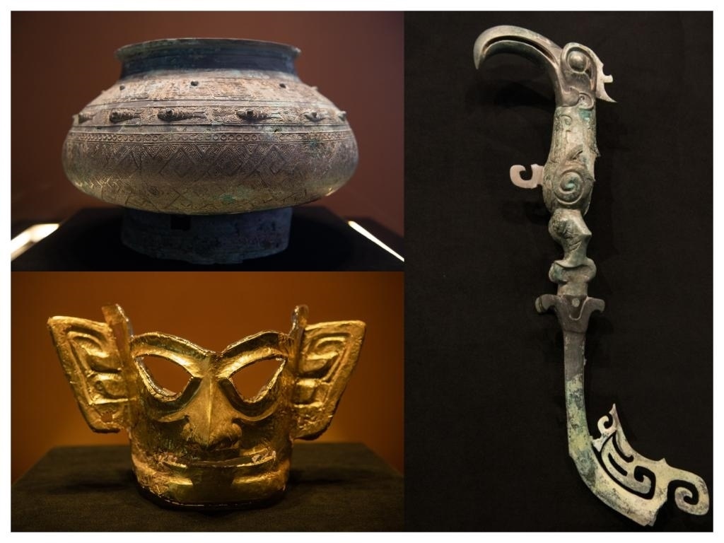 拼版照片：左上圖為青銅瓿，左下圖為黃金面具，右圖為青銅樹(shù)枝。新華社記者唐文豪 攝