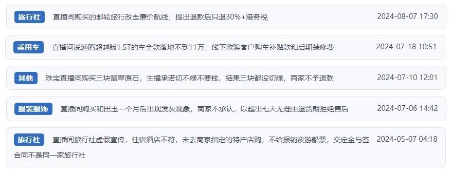 近期網(wǎng)友涉及直播購物相關(guān)投訴問題。（“人民投訴”用戶投訴截圖）