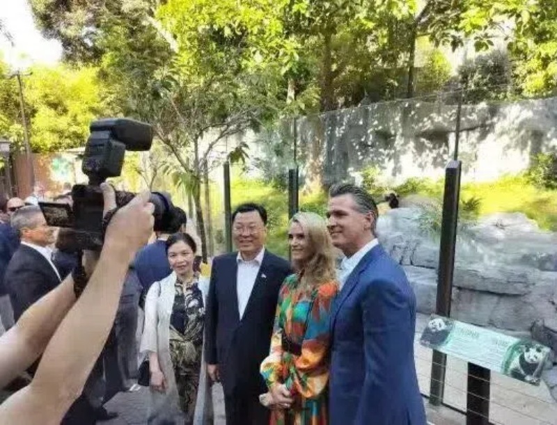謝鋒大使及夫人與加州州長(zhǎng)紐森夫婦在圣迭戈動(dòng)物園大熊貓館前合影。圖片為中國(guó)駐美大使館提供