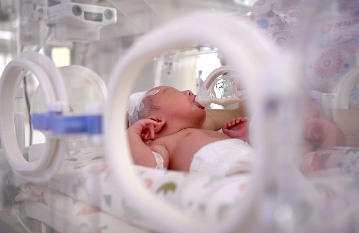 2024年6月1日，在西安國際醫(yī)學(xué)中心醫(yī)院新生兒科病房，護(hù)士為新生兒喂奶。 新華社記者 劉瀟 攝