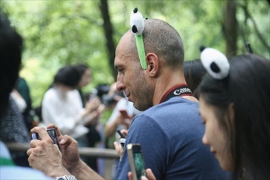 俄羅斯《俄羅斯報》視覺內(nèi)容編輯阿爾圖爾·杰魯諾夫在拍攝熊貓。（李佩藺 攝）