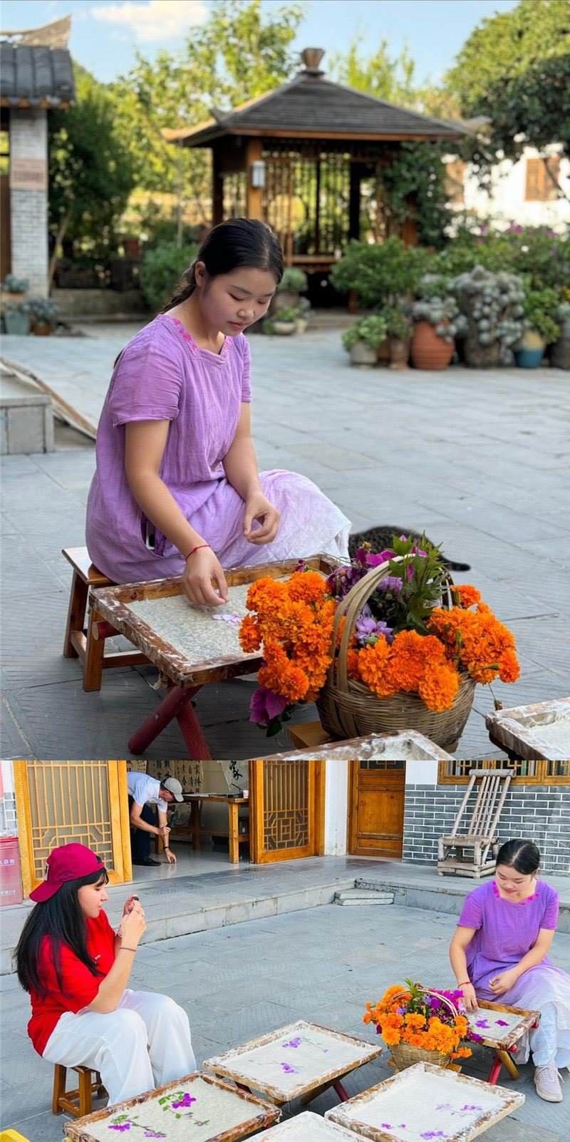 沒(méi)有女生不愛(ài)花。以古法造紙技藝為基礎(chǔ)，再輔以花草枝葉勾勒各式圖案，創(chuàng)作出花茂村獨(dú)具特色的紙漿壓花畫，少女手中的花是她眼中的風(fēng)景，而她與正在制作的紙漿壓花畫也是別人眼中的風(fēng)景。（哈薩克斯坦BAQ通訊社高級(jí)記者古爾詹·拉曼庫(kù)洛娃、張亞欣攝）