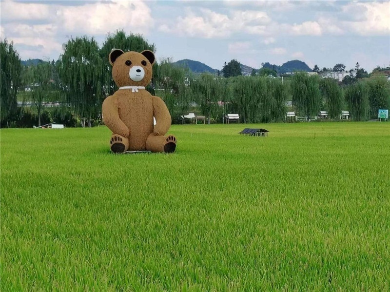 稻穗搖曳，垂柳依依，山嵐多姿，好一幅歲月靜好山鄉(xiāng)恬靜圖。這憨厚俏皮的熊玩偶造型，像是亂入其中，形成現(xiàn)代與傳統(tǒng)、好動(dòng)與寧?kù)o的反差感，讓人過(guò)目不忘，也讓人莞爾一笑。（哈薩克斯坦鳳凰24新聞社總編輯兼首席執(zhí)行官克馬爾·馬山羅攝）