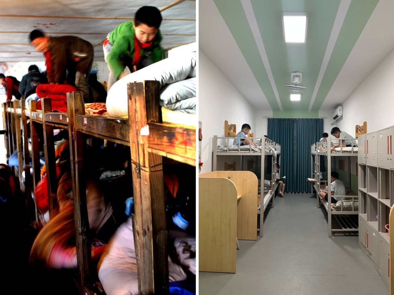 縉云縣東渡鎮(zhèn)長(zhǎng)坑小學(xué)2005年以前的學(xué)生宿舍（左），以及現(xiàn)在的學(xué)生宿舍（右） 學(xué)校供圖