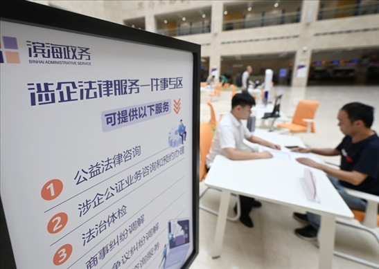 在天津濱海新區(qū)政務(wù)服務(wù)中心，工作人員在“涉企法律服務(wù)一件事”專區(qū)為市民提供服務(wù)（2024年7月31日攝）。新華社記者 趙子碩 攝