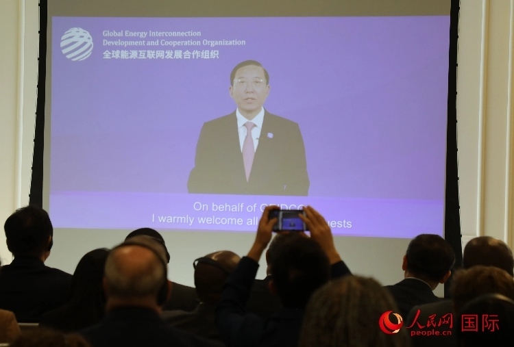 全球能源互聯(lián)網(wǎng)發(fā)展合作組織主席、中國電力企業(yè)聯(lián)合會理事長辛保安通過視頻方式致辭。人民網(wǎng)記者 李志偉攝