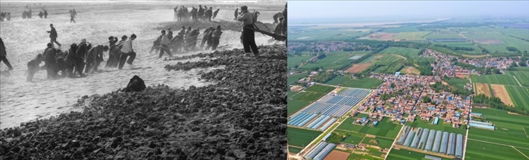 拼版照片：左圖為蘭考群眾在拉淤土壓沙（新華社記者 鄧歷耕 攝）；右圖為2024年4月25日拍攝的蘭考縣張莊村（無(wú)人機(jī)照片，新華社記者 郝源 攝）。