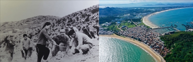 拼版照片：左圖為東山縣群眾在荒山上種植樹(shù)苗（資料照片）；右圖為2020年6月18日拍攝的東山縣陳城鎮(zhèn)澳角村附近風(fēng)光（無(wú)人機(jī)照片，新華社記者 姜克紅 攝）。