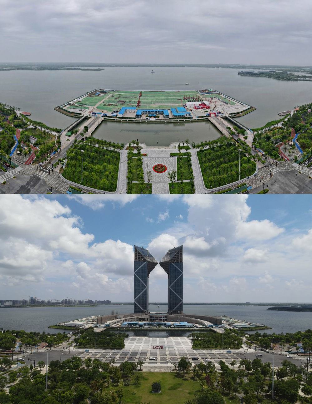 拼版照片：空中俯瞰中國（上海）自由貿(mào)易試驗區(qū)臨港新片區(qū)滴水湖西島中銀金融中心項目現(xiàn)場（上圖為2021年6月20日攝，無人機照片；下圖為2024年8月14日攝，無人機照片）。2019年8月20日，臨港新片區(qū)揭牌成立，一個開放新高地在長江與東海交匯處日益崛起。