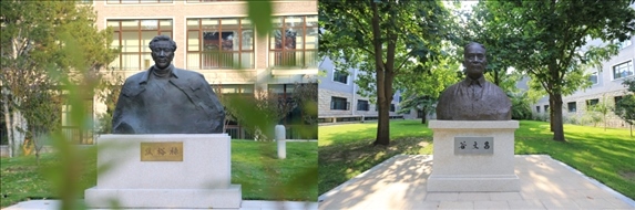 △左圖為中央黨校（國家行政學院）校園內的焦裕祿雕塑，右圖為校園內的谷文昌雕塑。