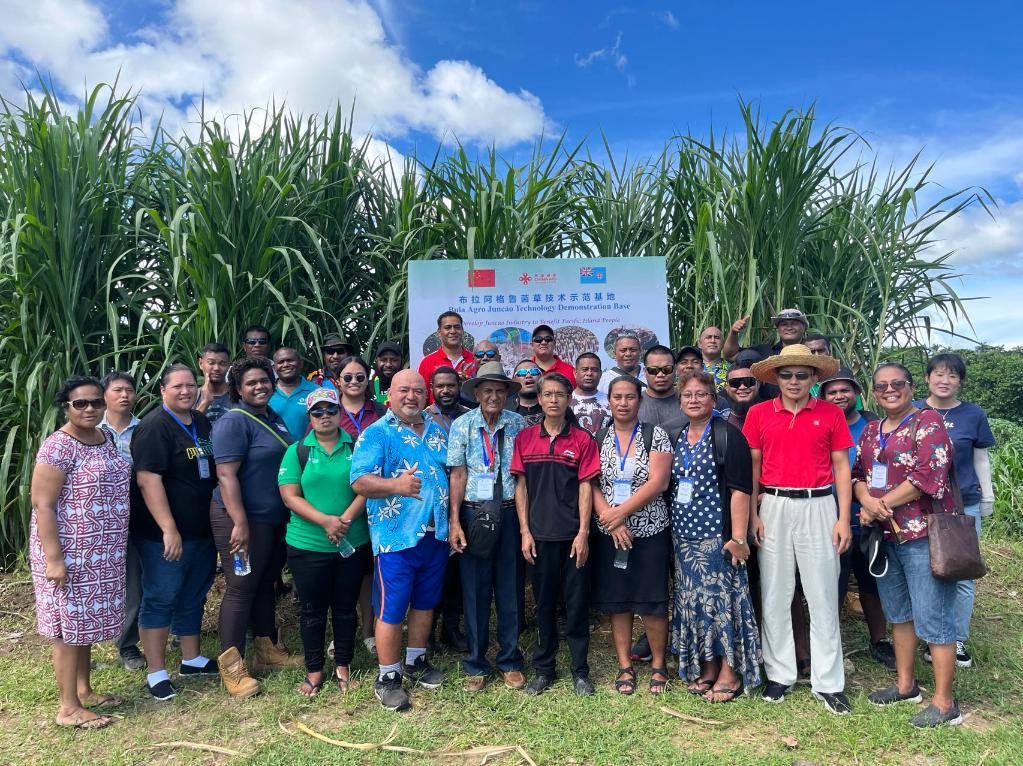 2024年2月28日，來(lái)自巴布亞新幾內(nèi)亞、湯加、庫(kù)克群島、薩摩亞、瑙魯?shù)葒?guó)家的“太平洋島國(guó)菌草技術(shù)培訓(xùn)班”學(xué)員在斐濟(jì)布拉阿格魯菌草技術(shù)示范基地合影。新華社發(fā)（中國(guó)援斐濟(jì)菌草技術(shù)示范中心供圖）