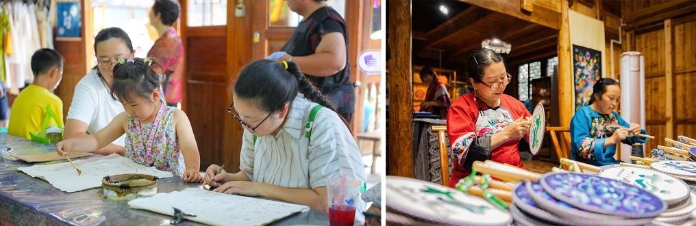 左圖：近期，游客在黎平縣肇興侗寨體驗(yàn)非遺蠟染藝術(shù)（黎平縣委宣傳部供圖）；右圖：這是2024年拍攝的繡娘在十八洞村梨子寨苗繡鄉(xiāng)村振興示范基地制作苗繡產(chǎn)品（湘西州委宣傳部供圖）。