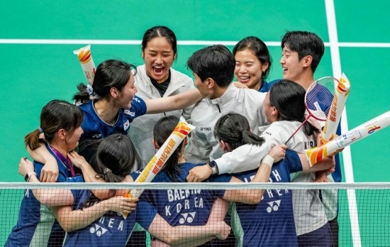 5月3日，韓國隊慶祝晉級決賽。新華社記者 孫非 攝