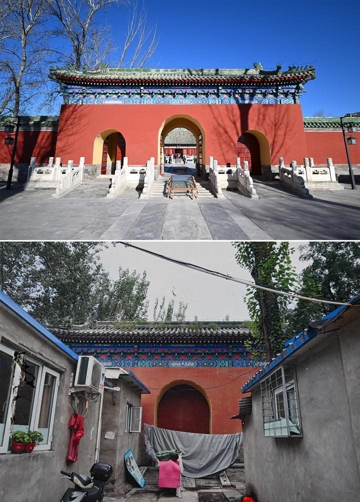 位于先農(nóng)壇內(nèi)的慶成宮，曾長(zhǎng)時(shí)間被雜亂的民居占據(jù)。在北京中軸線申遺保護(hù)工作的帶動(dòng)下，北京完成了慶成宮區(qū)域文物征收騰退、非文物建筑拆除、彩畫保護(hù)、本體修繕、展覽布陳等，讓560多年歷史的古建群重新回歸。2024年12月，北京中軸線上先農(nóng)壇內(nèi)的慶成宮首次面向社會(huì)公眾開放。上圖為騰退修繕后的慶成宮內(nèi)宮門（資料照片）；下圖為翻拍的慶成宮內(nèi)宮門騰退修繕前的資料照片（2024年12月21日攝）。